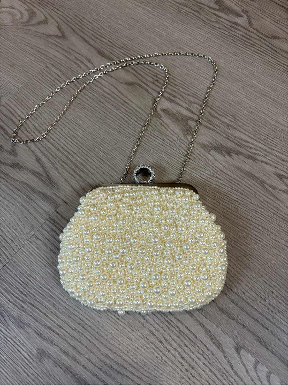 Pearl-Embellished Cream Evening Clutch with Chain Strap